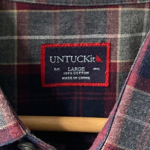 UNTUCKit Red Blue Gray Plaid Cotton Long Sleeve Button Down Shirt Size Large - Picture 3 of 6
